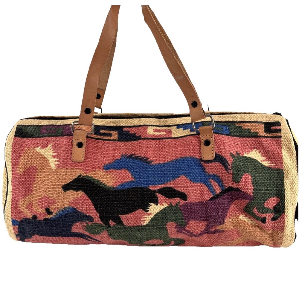 El Paso Saddle Blanket Co Western Leather Handle Cotton Satchel Roll Bag Horses